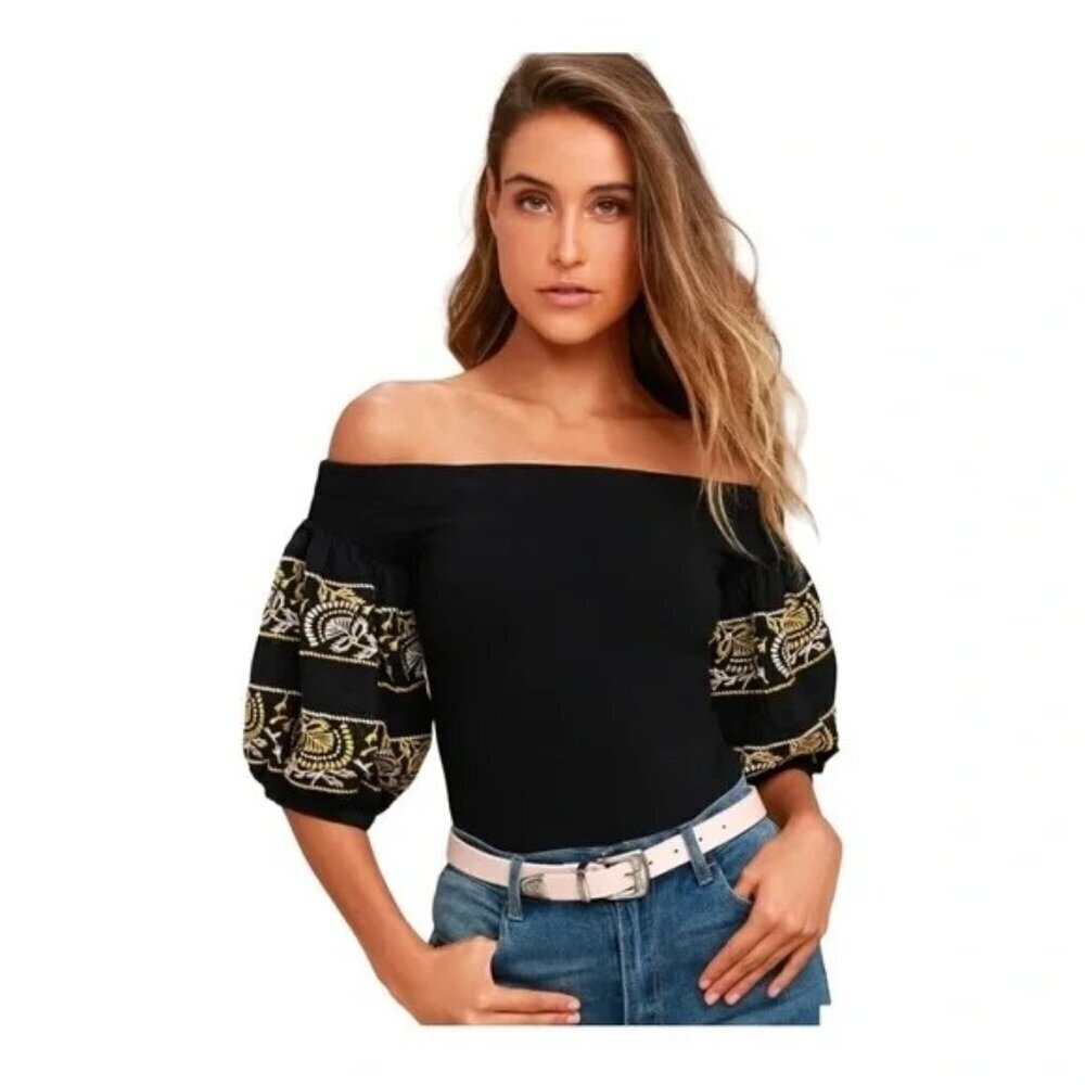 FREE PEOPLE Rock With It Black Embroidered Off the Shoulder Top - Size XS